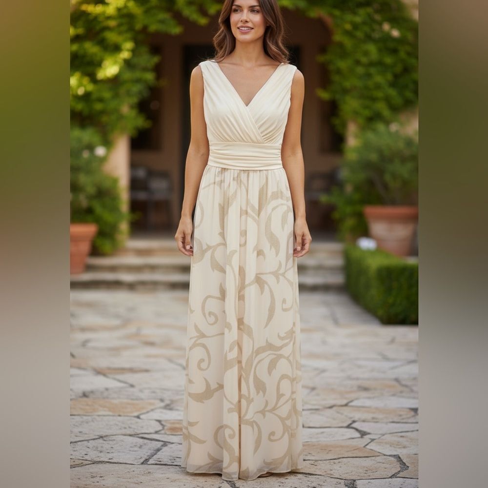 Chaya Two Tone Champagne Scroll Brocad Ruched Draped Maxi Formal Gown Dress 12